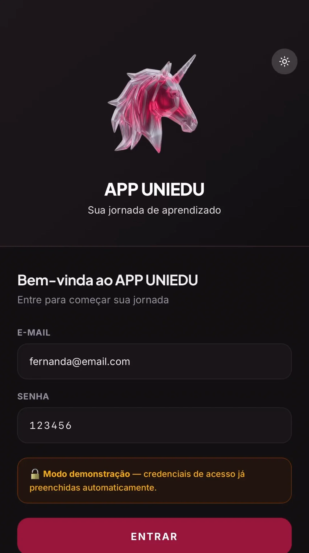 Tela de entrada do protótipo UNIEDU em modo escuro, com um unicórnio de vidro rosa.