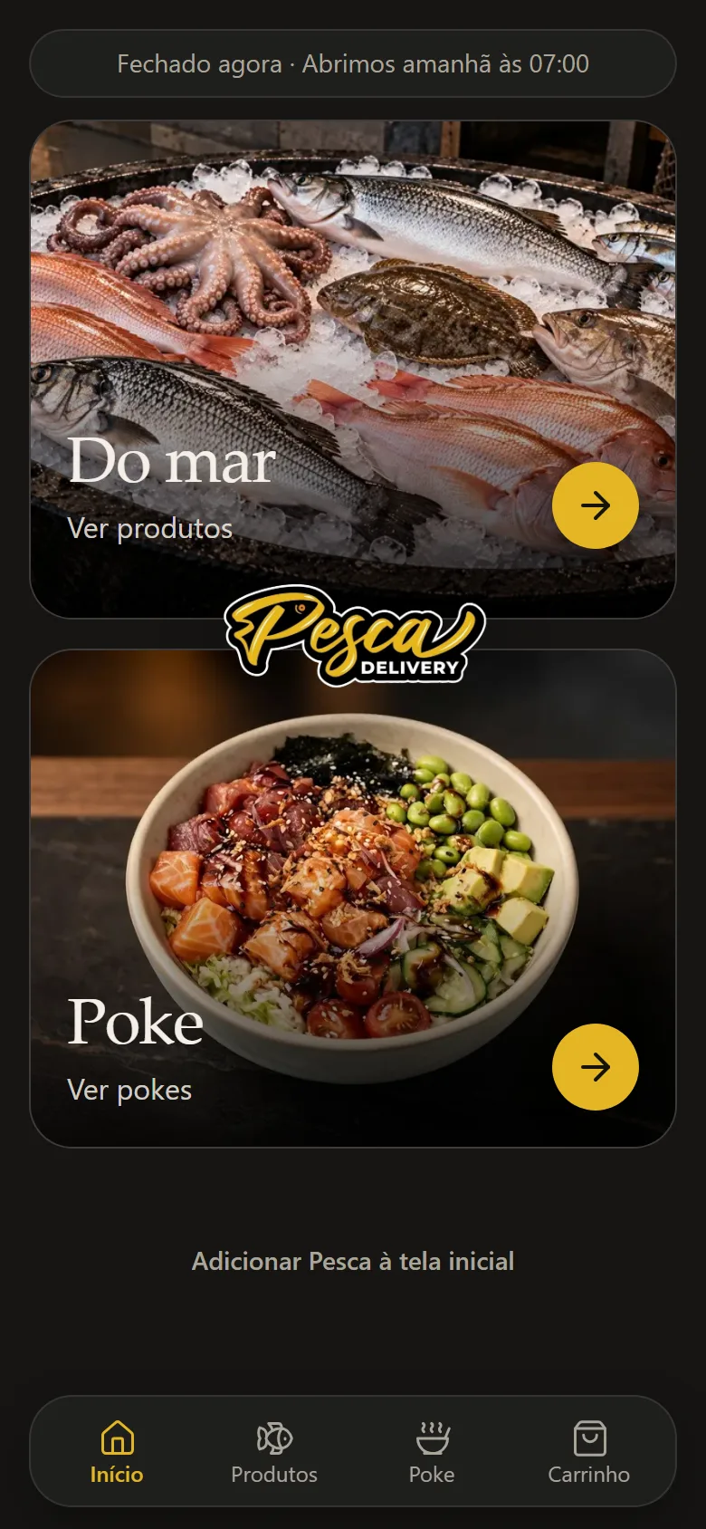 Tela inicial da loja do Pesca Delivery em celular, com os caminhos Do mar e Poke.