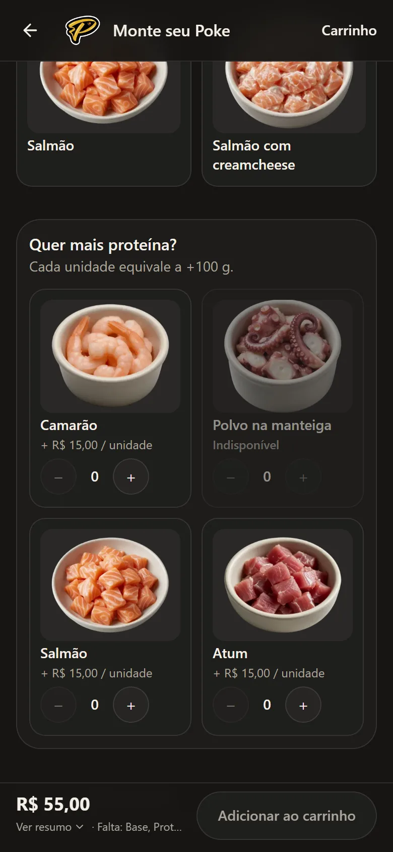 Montagem do poke com proteínas adicionais, valor do prato e botão de adicionar ao carrinho.