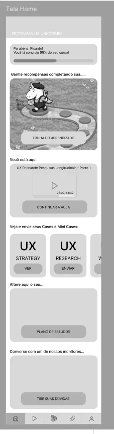 Wireframe em tons de cinza da tela inicial, com progresso, trilha de aprendizagem, aula atual, cases e plano de estudos.